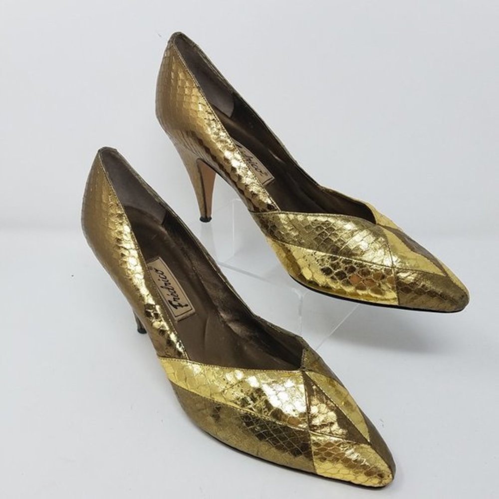 Fredrico shoe MEGAN gold genuine snakeskin VTG 9‎